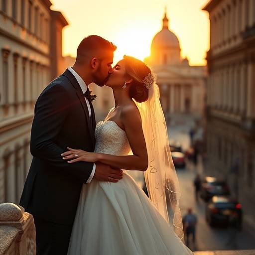 Coppia di sposi che si baciano durante il loro matrimonio a Roma