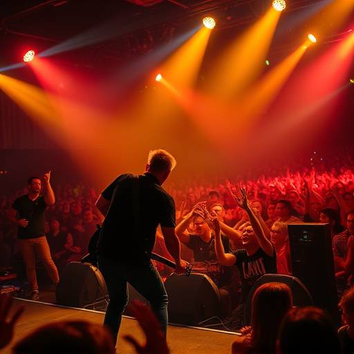 Fotografia di un concerto con un artista che suona la chitarra e un pubblico entusiasta