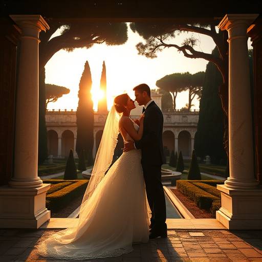 Fotografia di un matrimonio romantico a Villa Borghese, Roma